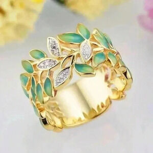 New 18k Yellow Gold Over Sterling Silver White Sapphires Ivy Leaf Band R…